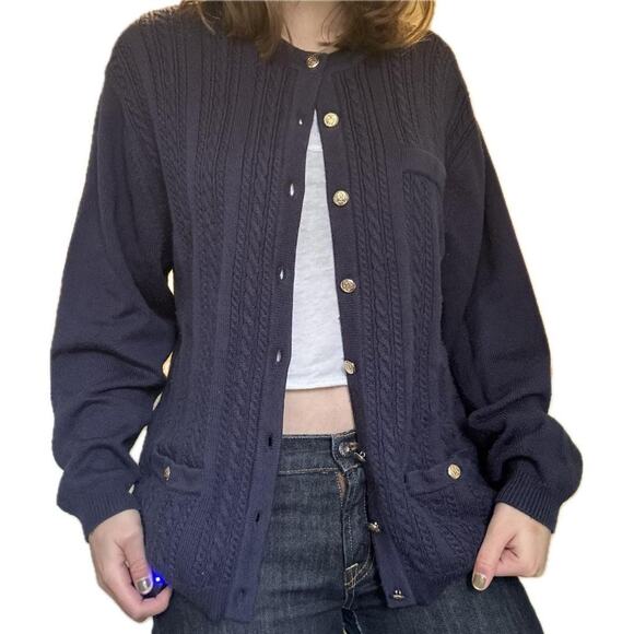 Arlando chunky navy blue knit cardigan with gold buttons size XL - Picture 2 of 5